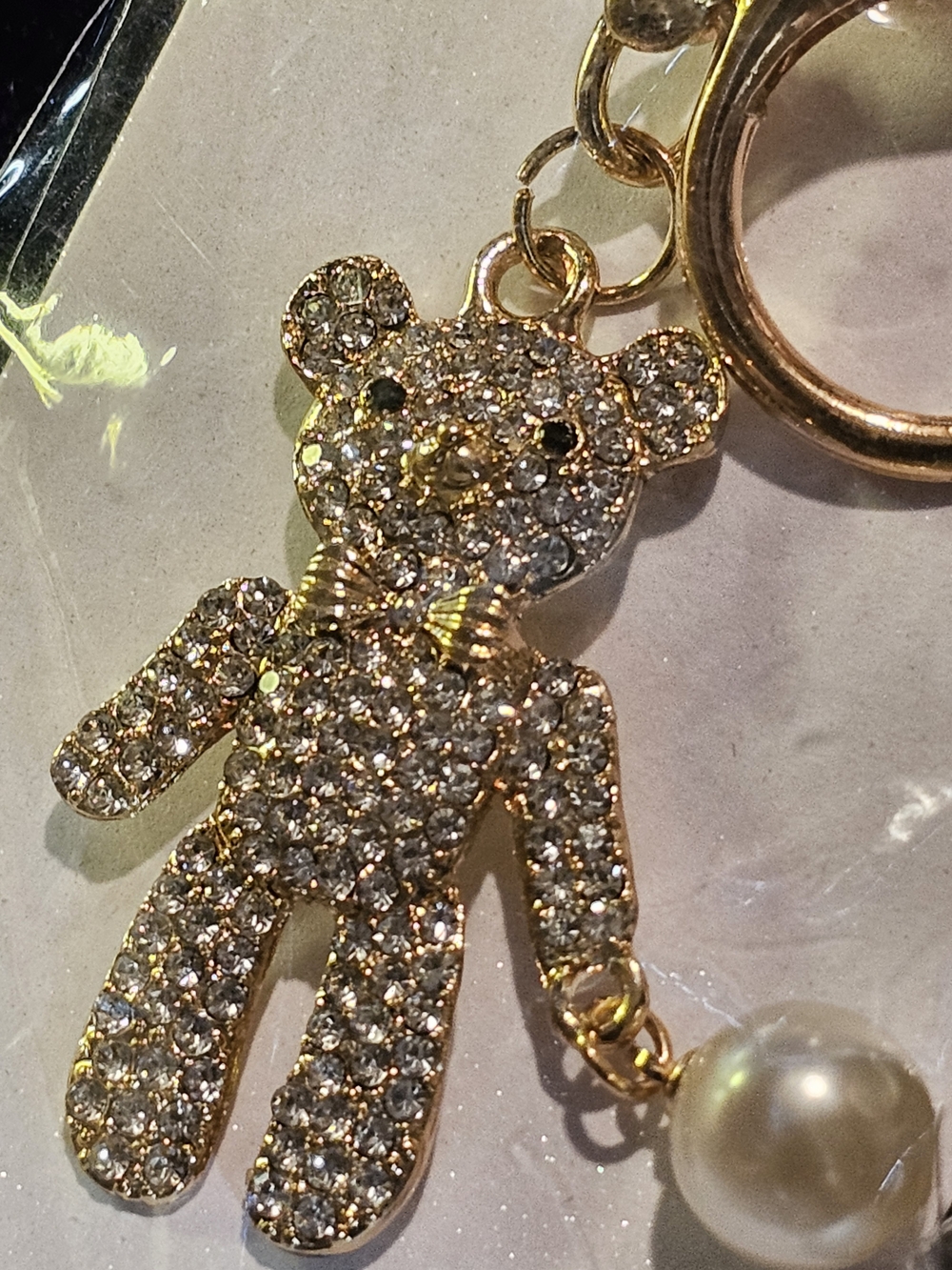 Gold Crystal Teddy Bear Keychain Pendant with Pearl Accent
